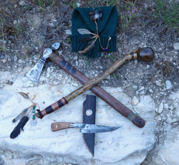 Don Shipman made an edged-weapon set that includes a knife with a sheath, a tomahawk, a bonnet and a war club. 