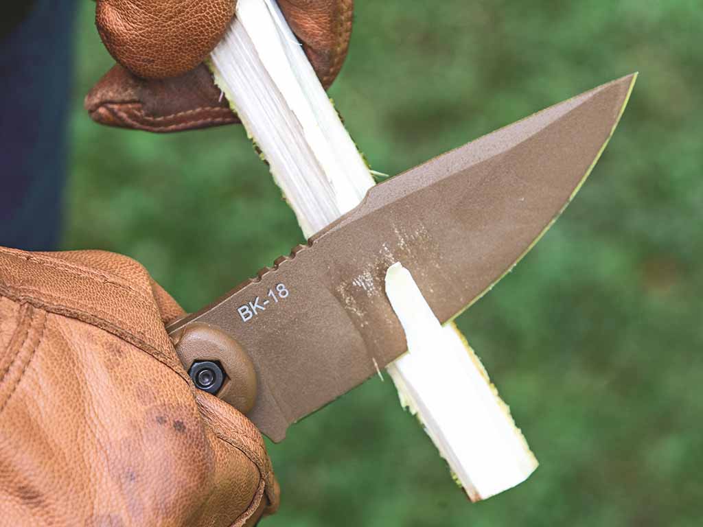 The BK18 Harpoon’s tall, flat grind engages whittling and carving jobs with gusto. The swedge provides a bit of visual attitude, too.