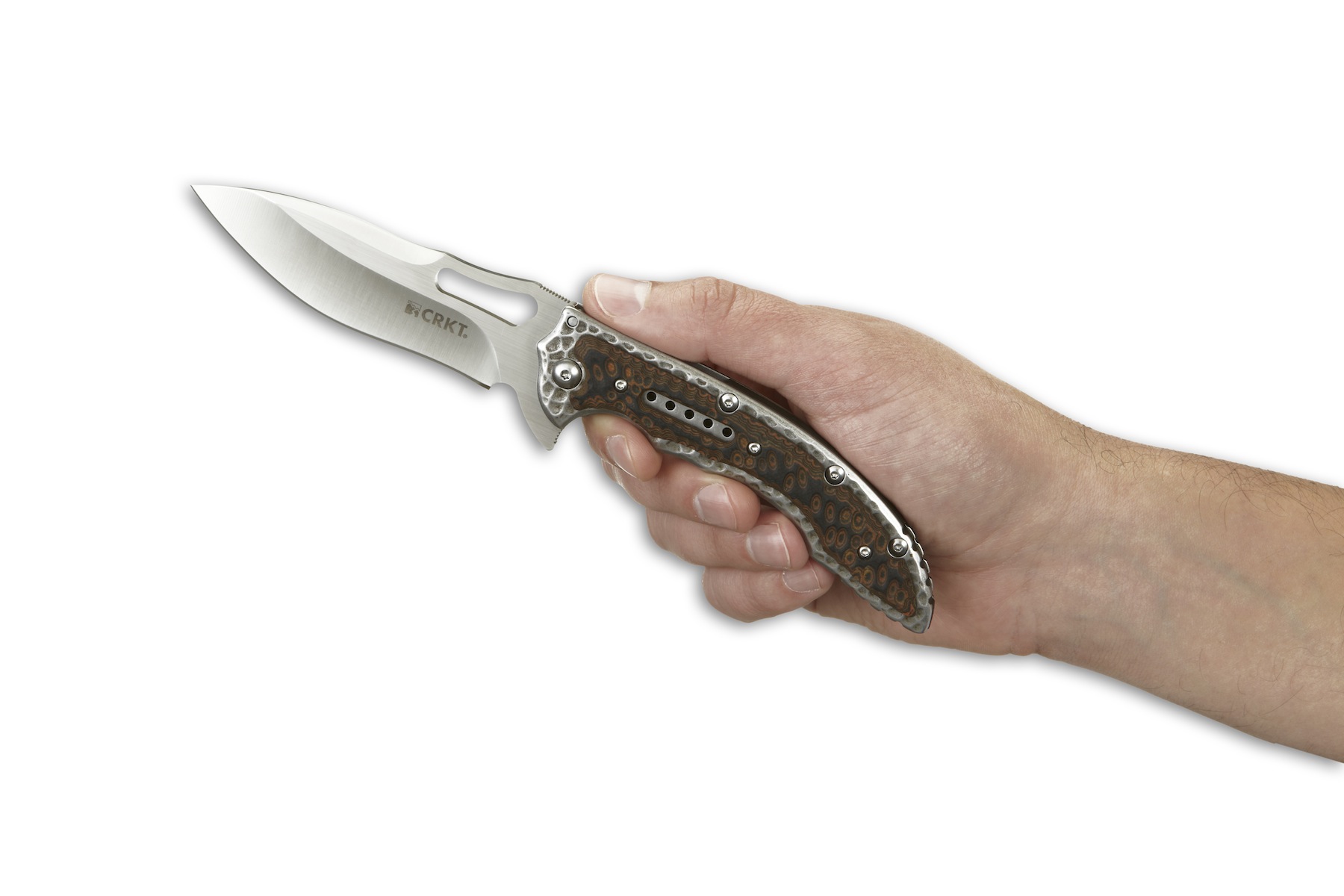 The knife handle should fit your hand snugly. The knife is the CRKT Fossil.