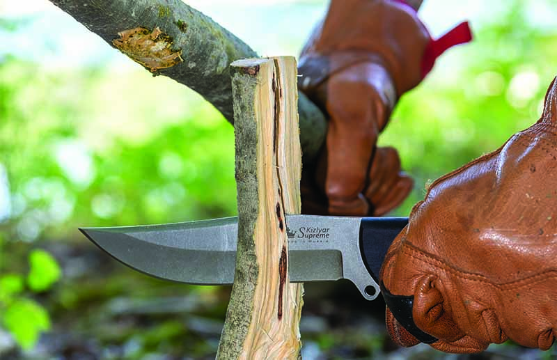  The 5.4-inch clip-point blade of the Kizlyar Supreme Caspian provides plenty of sharpened real estate to process camp tasks. Overall length: 10 inches.
