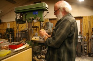 Ed Fowler works on one of his sheep horn handles in his shop.