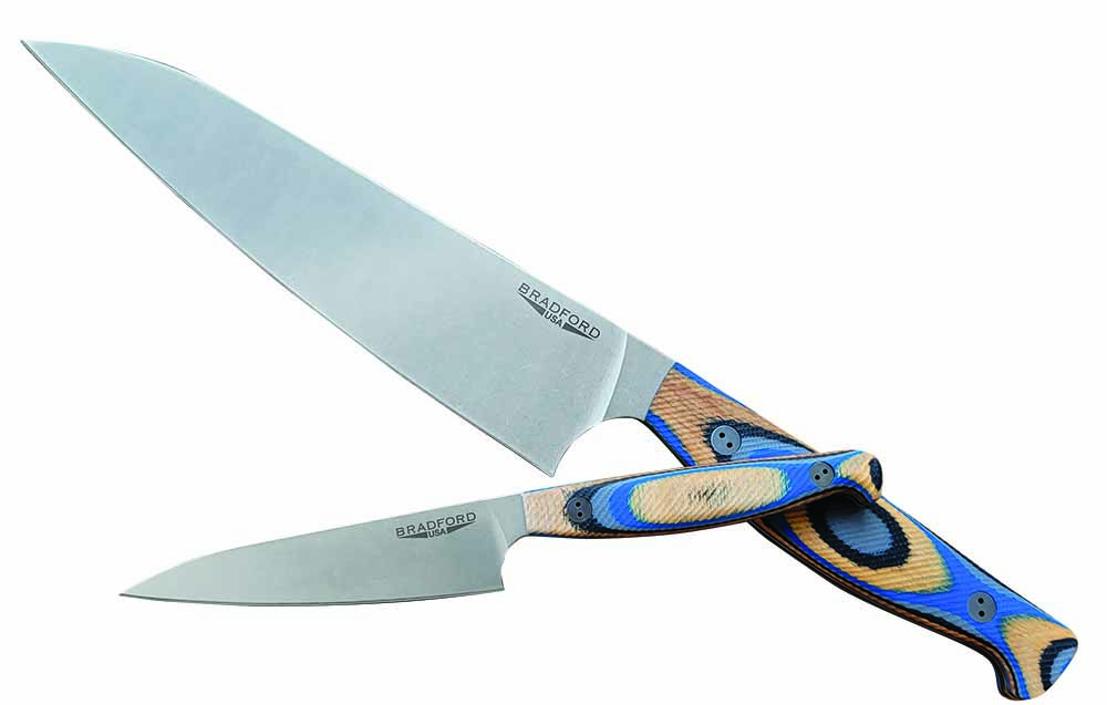  Brad Larkin of Bradford Knives said the handle of the company’s Blue G-Wood Paring Knife is designed to be held in a surgical-like pinch grip. He indicated the result is a lightweight knife focused on fine cutting.