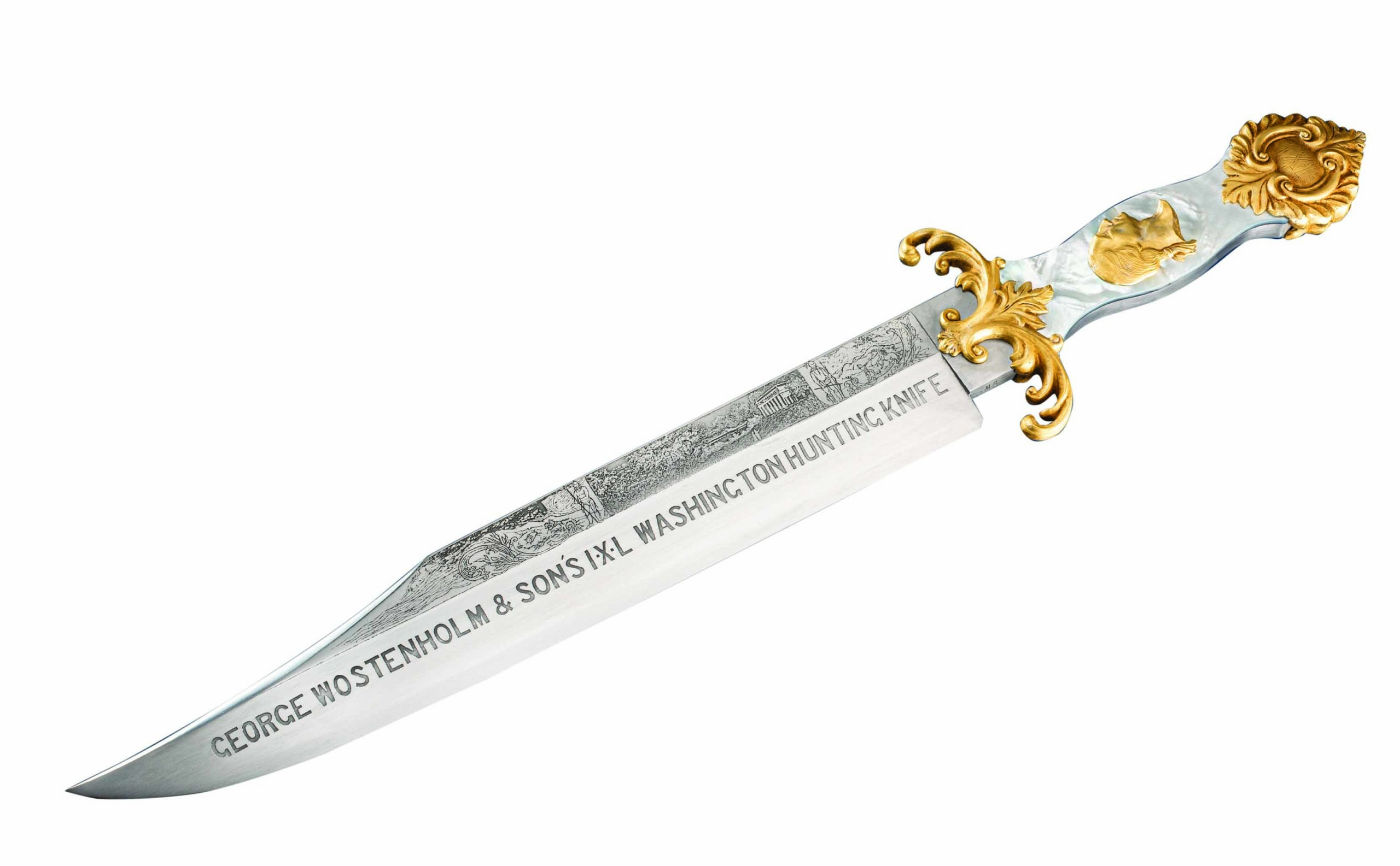 A period knife reproduction of the I*XL George Washington Hunting Knife by Doug Noren gets the full treatment in a 13.5-inch blade of 5160 carbon steel, a mother-of-pearl handle and 18k plated nickel silver. Overall length: 21.5 inches. (Whetstone Studio image)