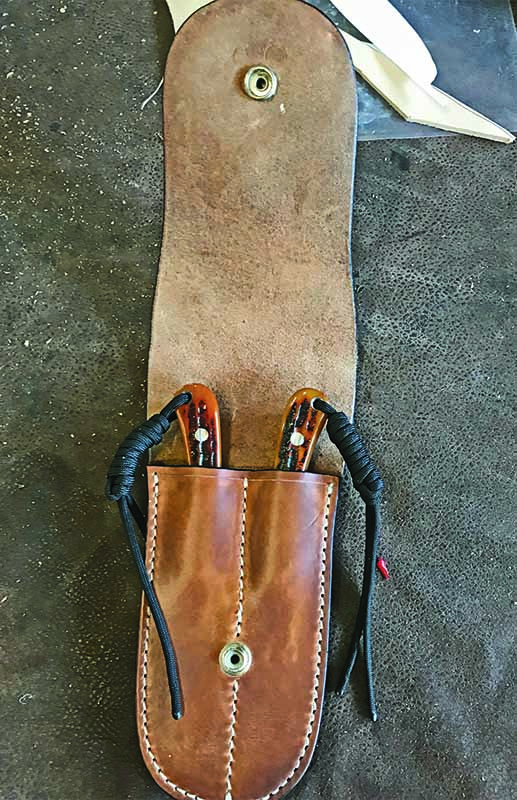  In addition to standard sheaths, Paul Lebatard also makes doubles, many of vegetable tanned leather. “A lot of people say not to store knives in the sheaths, but as long as the sheath is made of good vegetable-tanned leather, I’ve never had a problem,” he noted. 