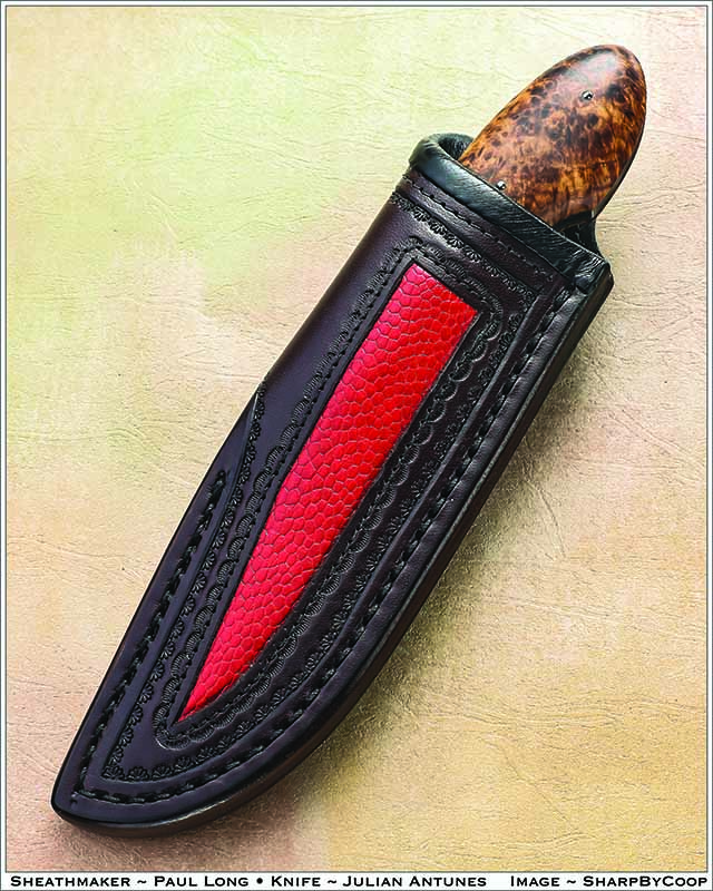  Exotic leathers make great inlay materials, and Paul Long uses various animal skins, including snake, lizard, ostrich and others. He employs ostrich for the red inlay on the sheath of a fixed-blade utility knife by Julian Antunes.