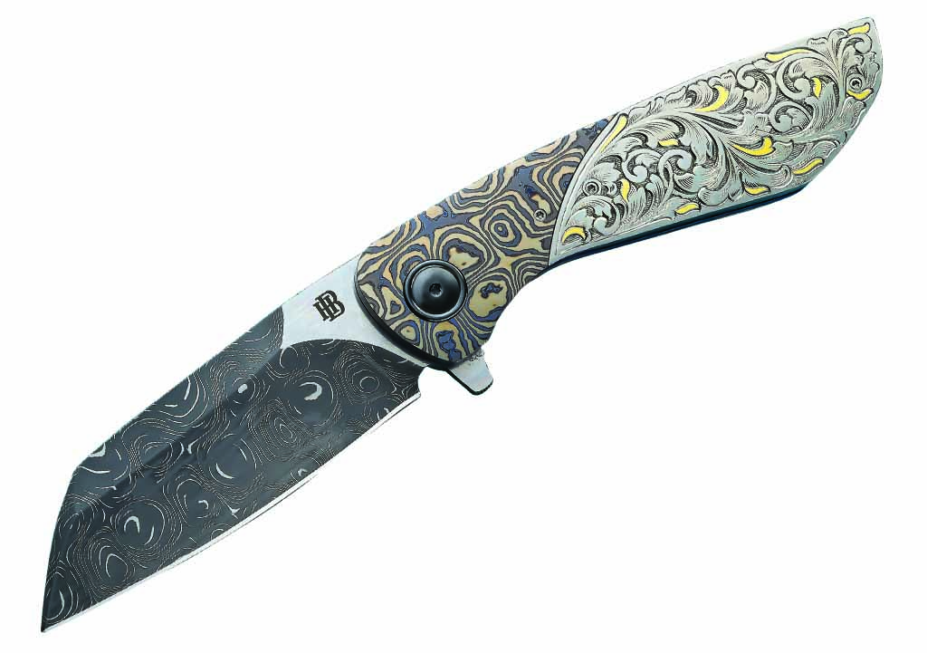 Herucus Blomerus outfits his HB 18 PHIRI folder in a blade of Intrepid stainless damascus forged by Chad Nichols Damascus. (SharpByCoop image)