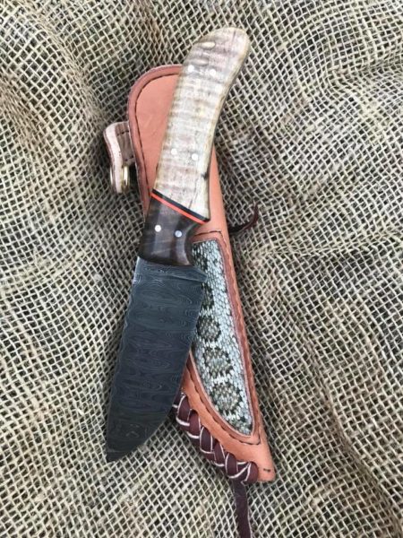 Bobby Toerck of T4 Custom Knives made this skinner with 416-layered steel from Alabama Damascus Steel.