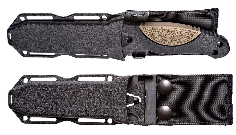 The EX-F02 makes a handsome package sheathed. The ambidextrous automatic retention sheath locks with a push of a trigger lever. Pull-the-Dot® snap fasteners help ensure secure closure.