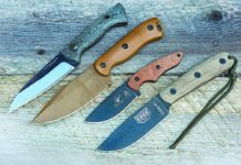 Four utilitarian factory fixed blades in 1095 carbon steel, from left: Condor Tool & Knife Bush Slicer Sidekick, Becker/KA-BAR BK18 Harpoon, TOPS Knives 3 Pointer and ESEE Knives 4HM.