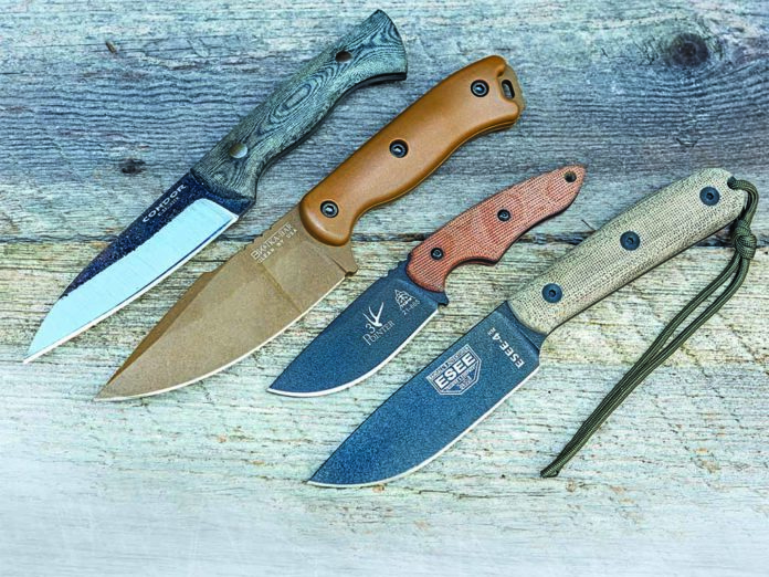 Four utilitarian factory fixed blades in 1095 carbon steel, from left: Condor Tool & Knife Bush Slicer Sidekick, Becker/KA-BAR BK18 Harpoon, TOPS Knives 3 Pointer and ESEE Knives 4HM.