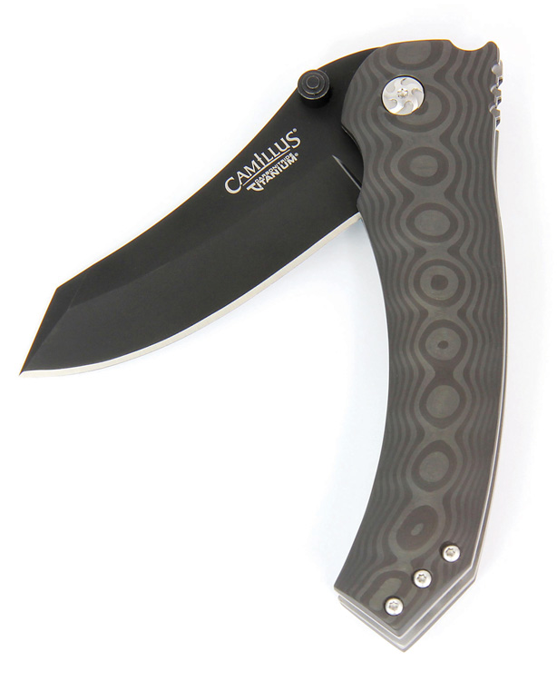 At 8.5 inches long open, the Camillus Jolt designed by Will Zermeno is a big flipper in every sense of the word. The 3.25-inch blade is hollow-ground D2 tool steel and the scales are a carbon fiber with a subtle pattern designed to enhance the frame’s curved shape.