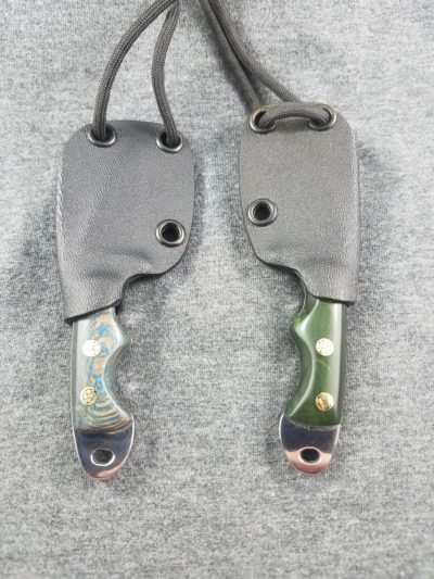 These necker come with Kydex sheaths and lanyards for neck wear.
