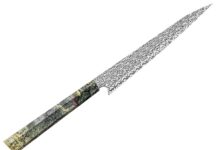 Alfredo Faccipieri will ably represent Italy. His chef’s knife features a 6.75-inch blade of a Svavner pattern damascus by Damasteel and scales of stabilized gray buckeye. Overall length: 12.5 inches. (Jocelyn Frasier image)