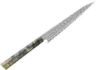 Alfredo Faccipieri will ably represent Italy. His chef’s knife features a 6.75-inch blade of a Svavner pattern damascus by Damasteel and scales of stabilized gray buckeye. Overall length: 12.5 inches. (Jocelyn Frasier image)