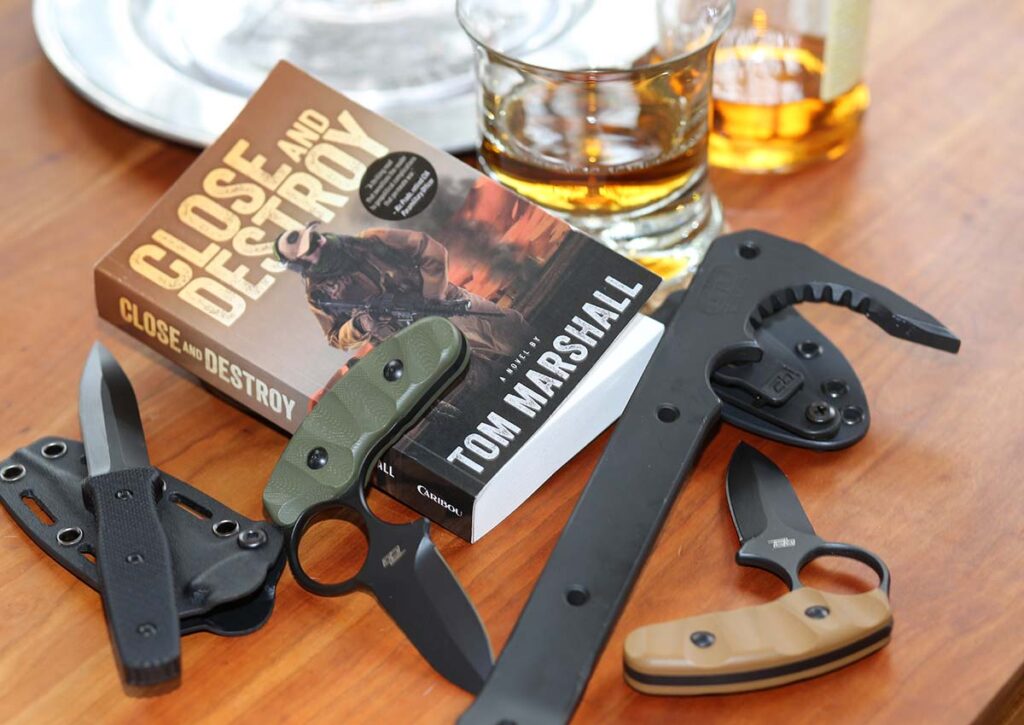Author Tom Marshall designed the Colonel Blades Contingency dagger (left) for his debut novel, Close and Destroy.