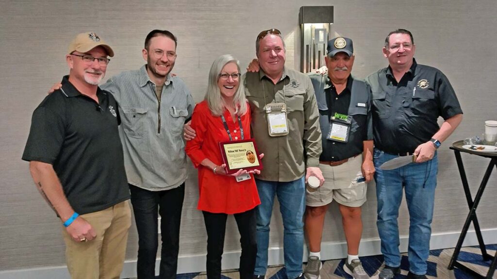 The BLADE Magazine Cutlery Hall-of-Fame® inductions (page 61) will be the Saturday morning of the show. William “Bill” Harsey, Jr., was inducted by his friends at last year’s ceremony. From left: U.S. Army Special Forces (retired) Col. Joseph Osborne; Tim and Anne Reeve (holding Bill’s Hall-of-Fame plaque) of Chris Reeve Knives; Mark Carey, Spartan Blades; Dean Felides of Old Yankee Cutting Boards; and Curtis Iovito, Spartan Blades.