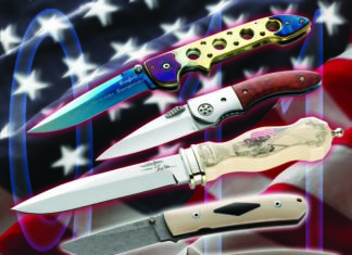 The knives in Keith Kaiser’s 9/11 memorial project, from top: a skeletonized folder by Pat and Wes Crawford; an Allen Elishewitz folder; a Gil Hibben dagger with scrimshaw handle; a Bob Dozier damascus folder; a Bob Terzuola CQB fixed blade; a damascus folder by Mel Pardue; and a Jerry Fisk damascus Sendero.