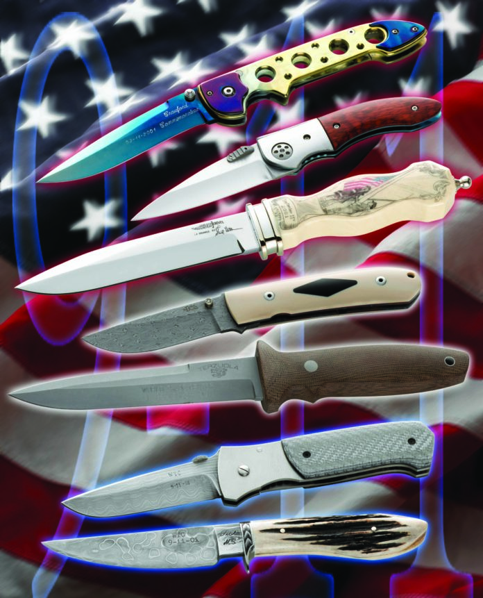 911 Knives 10 The knives in Keith Kaiser’s 9/11 memorial project, from top: a skeletonized folder by Pat and Wes Crawford; an Allen Elishewitz folder; a Gil Hibben dagger with scrimshaw handle; a Bob Dozier damascus folder; a Bob Terzuola CQB fixed blade; a damascus folder by Mel Pardue; and a Jerry Fisk damascus Sendero.