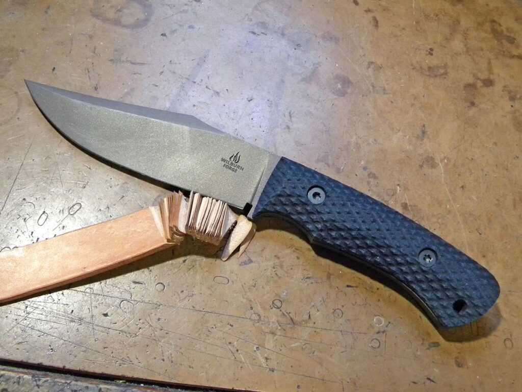 Skiving 8-ounce leather, the author found the slight curve to the belly of the knife let him roll rapidly into each thin slice.