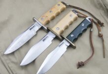 One of the original Model 15 Airman prototypes (top) and two subsequent models. The prototype’s handle is secured by three bolts as opposed to the two bolts in the later models. Randall used the white Tenite handle only for a year or so before adopting the more familiar green Tenite. The prototype’s hilt is nickel silver in contrast to the brass hilts on almost all Model 15s with Tenite handles.