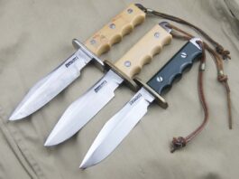 One of the original Model 15 Airman prototypes (top) and two subsequent models. The prototype’s handle is secured by three bolts as opposed to the two bolts in the later models. Randall used the white Tenite handle only for a year or so before adopting the more familiar green Tenite. The prototype’s hilt is nickel silver in contrast to the brass hilts on almost all Model 15s with Tenite handles.