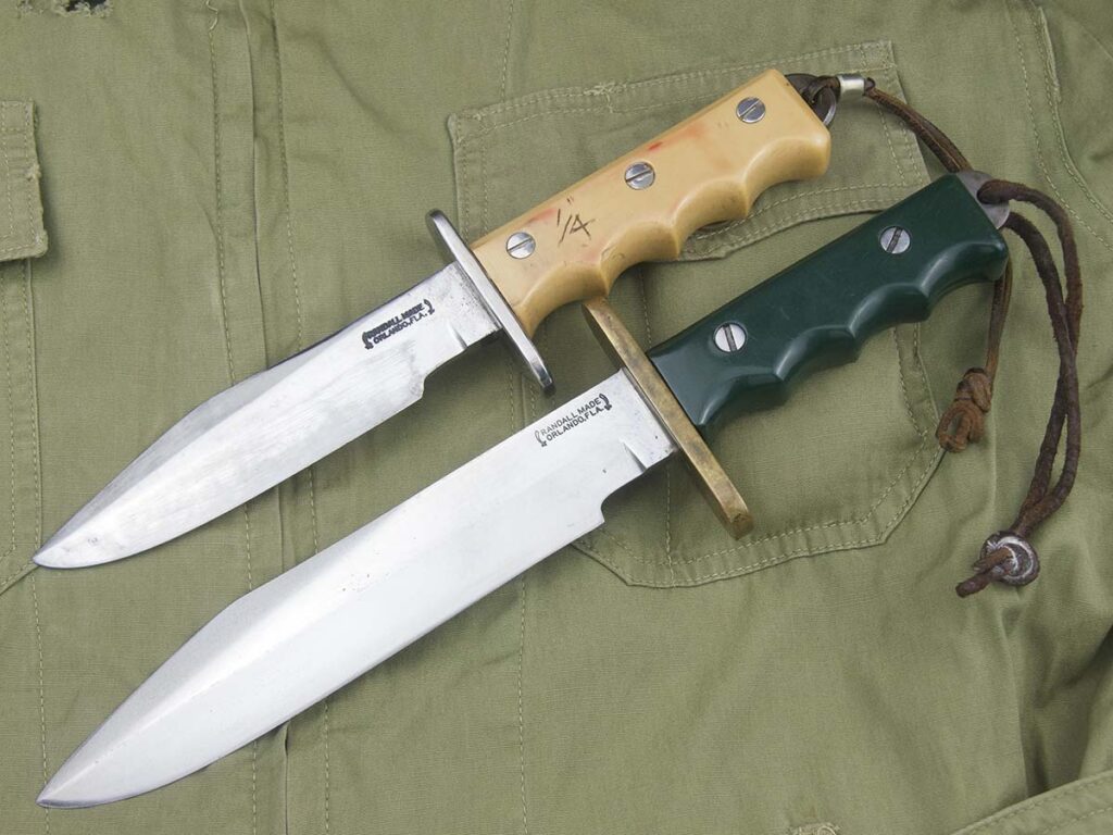 After a fruitful meeting on Feb. 12, 1954 with USMC Maj. Harold N. “Tex” Mehaffey and Lt. Col. H. Ross Jordan, Bo Randall had arrived at the basic design of the Randall Airman’s Knife (top). Bo also planned a longer-bladed version for ground troops, a design that would become the Randall Model 14 Attack (one from 1955 is shown at bottom). The meeting launched the line of full-tang Randall models that would expand and evolve over the coming years.