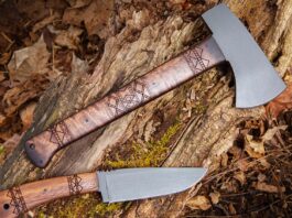 The upscale Tribal versions of the Winkler Knives Highland Hatchet and Blue Ridge Hunter feature 80CrV2 carbon blade steel and a black oxide no-glare finish. (hatchet and hunter image by Jerry Sarkody)