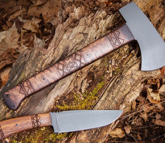 The upscale Tribal versions of the Winkler Knives Highland Hatchet and Blue Ridge Hunter feature 80CrV2 carbon blade steel and a black oxide no-glare finish. (hatchet and hunter image by Jerry Sarkody)