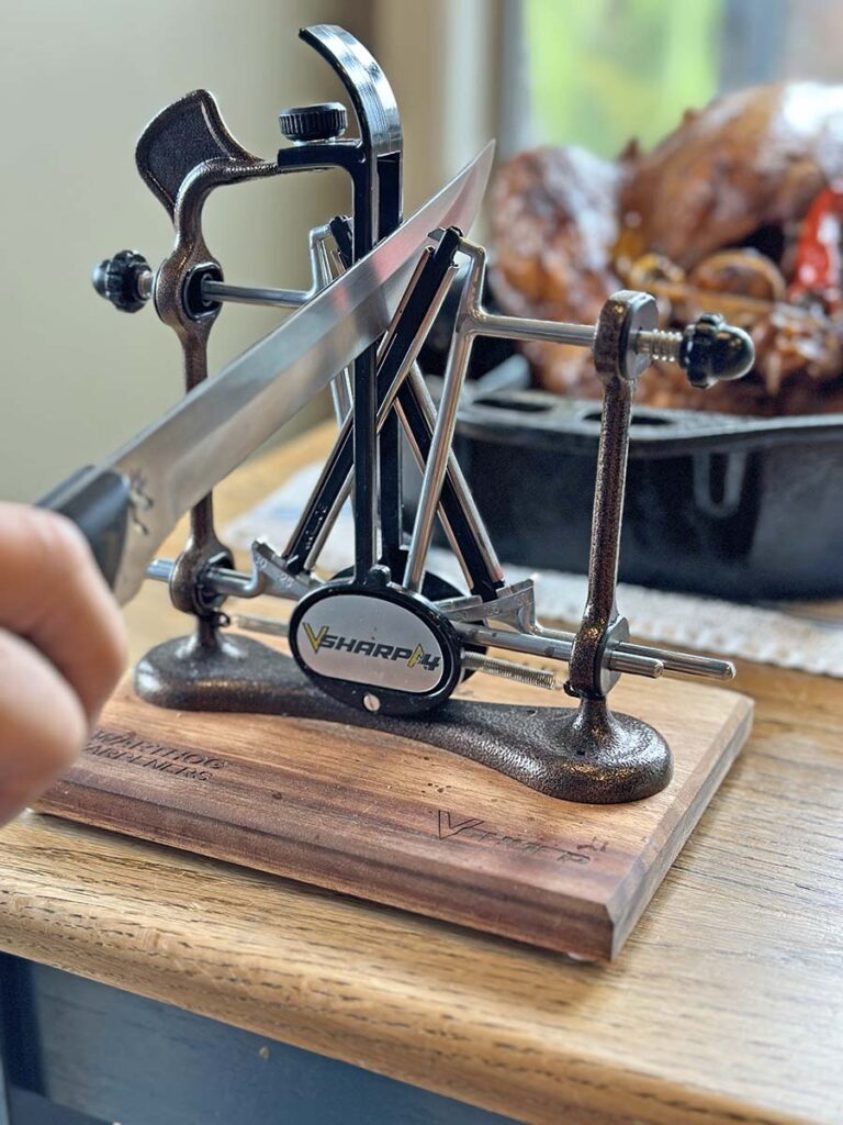 The Warthog A4 Elite uses a patented V-Sharp system with two spring-loaded diamond hones that sharpen both sides of the blade simultaneouslyāno more struggling to hold the perfect angle. (Warthog image)