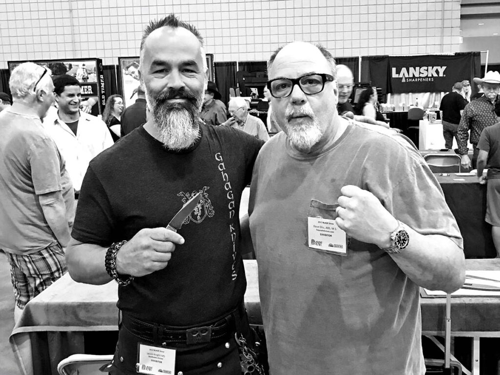 A couple of master smiths—Jason Knight (left) and Dave Ellis (right)—rub elbows at the BLADE Show. (Dave Ellis image)
