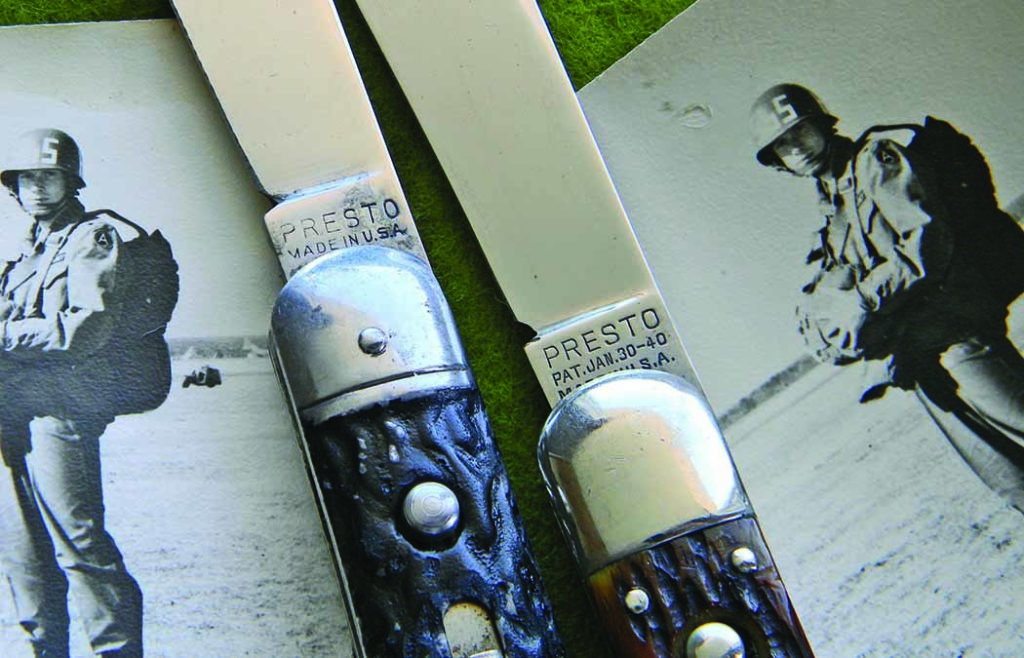  These two switchblades with the Presto stamping by George Schrade Knife Co., are among those that played an important part in the success of American paratroopers during World War II. On the facing page, the one at left has “jigged iron” scales and the one at right has jigged bone.