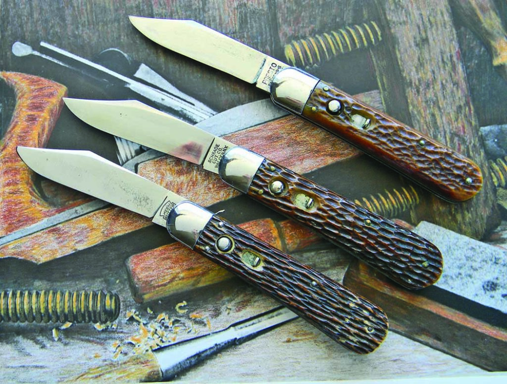 Three jigged bone switchblades, from top: Schrade Cutlery Co., George Schrade Knife Co. and one of the rarest of antique models, one stamped “Keen Kutter,” a trademark of Shapleigh Hardware. Schrade made the knife.