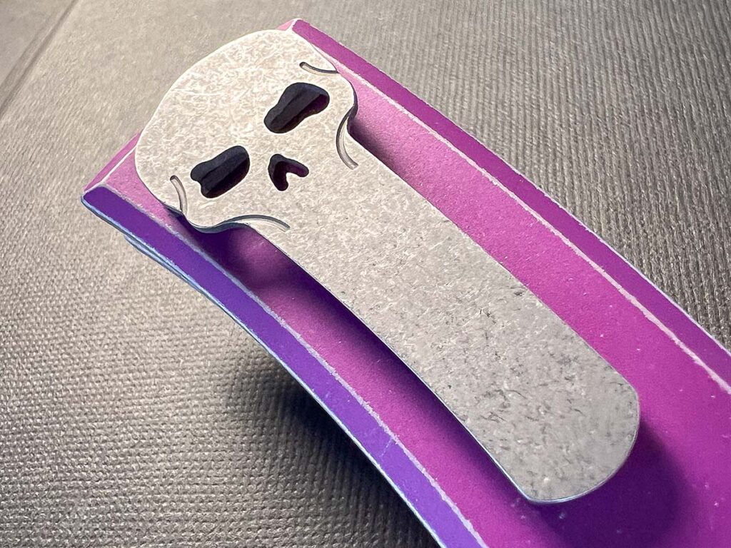 Function and durability are built into the skull pocket clip of the Pro-Tech/Chaves Knives 229. The skull is a trademark of the Chaves Knives brand, and the design and titanium material beef up the clip, making it more difficult to spring out of shape if it accidentally catches on something.