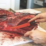 Using a long, drawing slice, the Meatcrafter can remove large chunks of meat while at the same time be precise enough to get into tiny nooks. According to the author, the edge is very strong and can glide along bone without chipping or snagging.