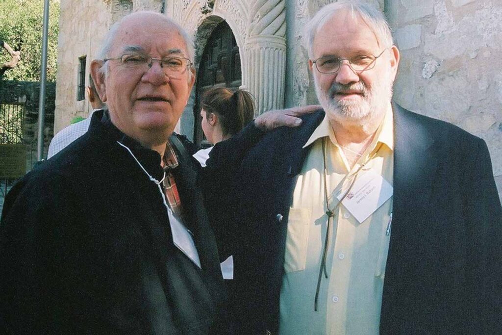 B. R. Hughes (left) and Jim Batson at the Alamo chapel.