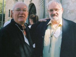B. R. Hughes (left) and Jim Batson at the Alamo chapel.