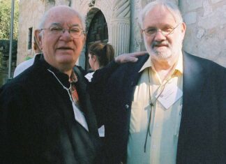 B. R. Hughes (left) and Jim Batson at the Alamo chapel.