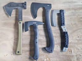 Outlier Kodiak Camp Axe, Halfbreed Compact Rescue Axe, Columbia River Knife & Tool Skeggox, and Maserin Mantis.