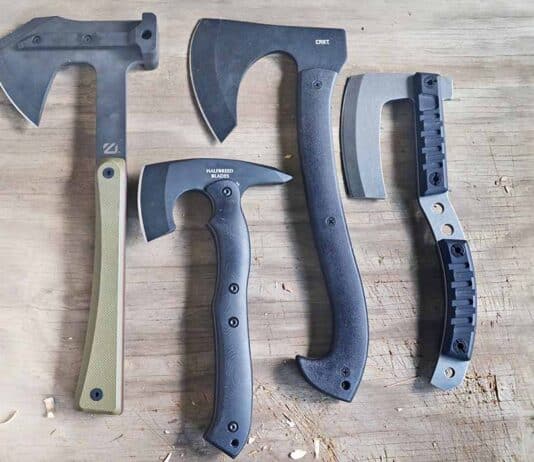 Outlier Kodiak Camp Axe, Halfbreed Compact Rescue Axe, Columbia River Knife & Tool Skeggox, and Maserin Mantis.