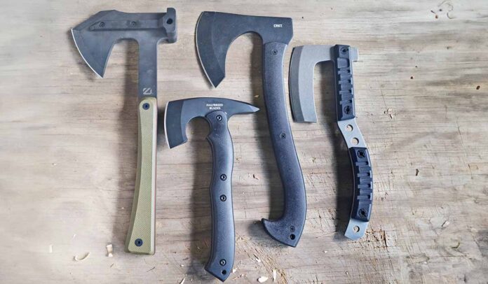 Outlier Kodiak Camp Axe, Halfbreed Compact Rescue Axe, Columbia River Knife & Tool Skeggox, and Maserin Mantis.