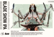 The artwork for the BLADE Show Beer includes the knives of, clockwise from top left: Seth Lopez kukri, Mareko Maumasi gyuto chef’s knife, Will Brigham stainless hunter, Henning Wilkinson sword, Josh Prince Chinese cleaver and Will Stelter dagger. Gabe said he doesn’t know who made the balisong but he put it in there because there’s a lot of them at the BLADE Show. (art by Massive Face)