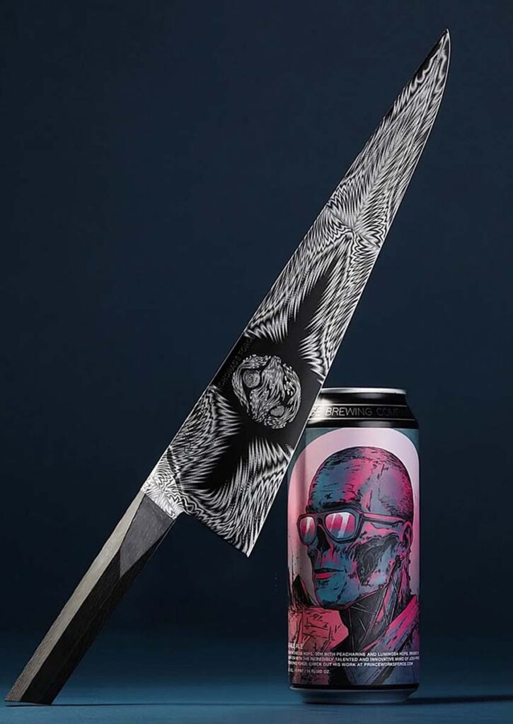 Plant Eater, a hefty chef’s knife with an 11.1-inch carbon steel blade, carbon-fiber handle with G-10 spacers, and 15.8-inch overall length, is a Gabe Fletcher/Josh Prince collaboration. The beer that accompanies it is a “dank, strongly fragranced IPA.”