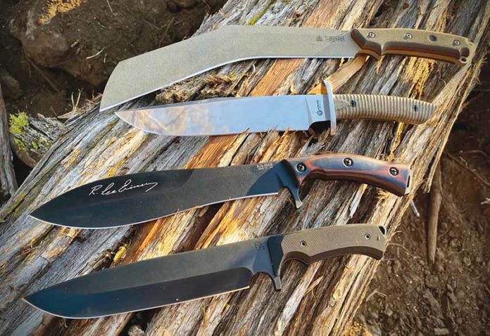 The latest in big blades, from top: TOPS Knives Bestia, Boker Arbolito El Gigante, KA-BAR Gunny and Medford Knife & Tool Bonfire.