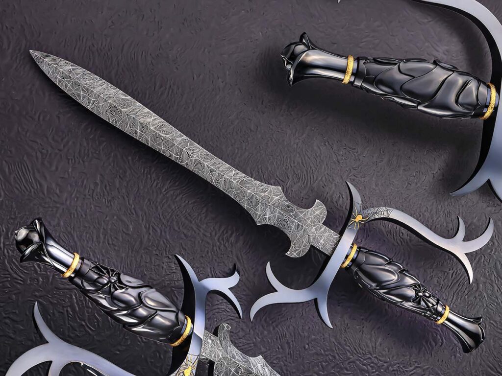 Paul DiStefano always produces stunning work, which certainly goes for his 14-inch spiderweb mosaic damascus-bladed dagger, which he brought to the BLADE Show. That’s a carved buffalo horn handle, by the way. (SharpByCoop image)