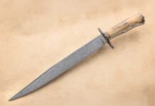 CUSTOM BEST IN SHOW/BEST FIGHTER Franco de Souza’s Bella sports a 14-inch blade, guard, spacer, finial and pommel of Spirograph damascus in six bars of a Turkish pattern. Handle: mammoth tusk. Franco did the 24k-gold engraving. His price for a similar knife: $13,500.