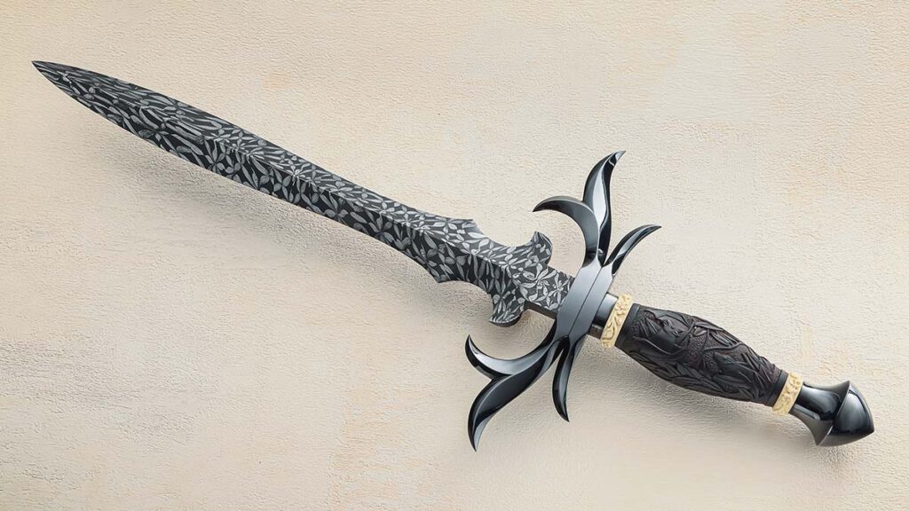 CUSTOM BEST ART KNIFE Paul DiStefano won for Megachiroptera with an 11.5-inch blade in a “mosaic damascus of with leaves,” a theme that carries over to the African blackwood handle carved as a eucalyptus tree abundant with eucalyptus leaves. Overall length: 17.5 inches.