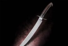 Brion Tomberlin will be among the top ABS master smiths exhibiting their edged wares at the show. His Persian fighter in W2 tool steel with hamon and a Ratalox wood handle is a for instance. Overall length: 16.75 inches. (Jocelyn Frasier image)