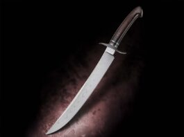 Brion Tomberlin will be among the top ABS master smiths exhibiting their edged wares at the show. His Persian fighter in W2 tool steel with hamon and a Ratalox wood handle is a for instance. Overall length: 16.75 inches. (Jocelyn Frasier image)