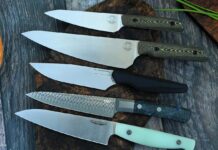 Five kitchen utility knives—plus one chef’s knife—that can elevate your culinary skills to new heights. From top: White River Knife & Tool Liong Mah Utility Knife, White River Knife & Tool Liong Mah Chef Knife, Vero Engineering Utility 5, CRKT Onion Utility Kitchen Knife and Bradford USA Utility Knife.