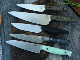 Five kitchen utility knives—plus one chef’s knife—that can elevate your culinary skills to new heights. From top: White River Knife & Tool Liong Mah Utility Knife, White River Knife & Tool Liong Mah Chef Knife, Vero Engineering Utility 5, CRKT Onion Utility Kitchen Knife and Bradford USA Utility Knife.